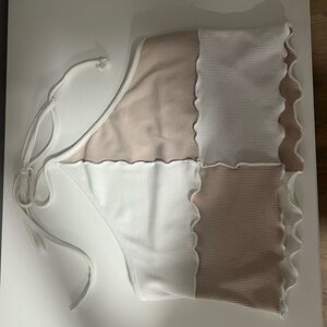 Colorblock Ribbed Halter crop top in White and Beige